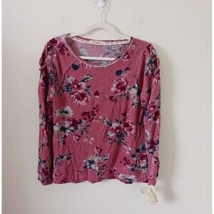 Rewind Womens Pink Floral‎ Top Shirt Long Sleeve Lace Up Shoulder Size M